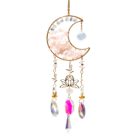 Moon Crystal Suncatcher Hanging Wind Chime with Faceted Clear Glass Prisms and Rust Resistant Metal for Window Home Decor Garden Balcony Entryway Ornament Gift Ideas
