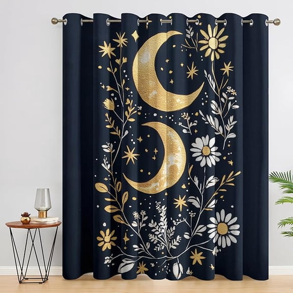 Moon Curtains for Living Room, Floral Botanical Pattern Design Blackout Curtains, Moon Bedroom Decor Window Drapes with Grommet 53"W x 96"L (Pack of 2)