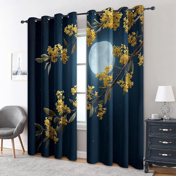 Moon Curtains for Living Room, Floral Dark Blue Pattern Design Blackout Curtains, Moon Bedroom Decor Window Drapes with Grommet-38"W x 45"L (Pack of 2)