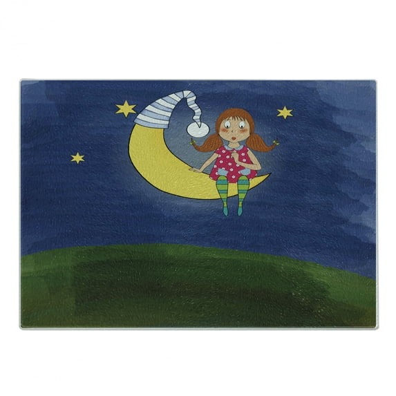 Moon Cutting Board, Cartoon Girl with Pigtails on Moon Stars Words Art Doodle Style, Decorative Tempered Glass Cutting and Serving Board, Small Size, Multicolor, by Ambesonne