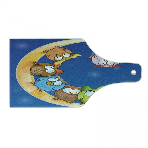 Moon Cutting Board, Cartoon Owls Playing on the Moon Stars in the Background Colorful Drawing Style Print, Tempered Glass Cutting and Serving Board, Wine Bottle Shape, Multicolor, by Ambesonne