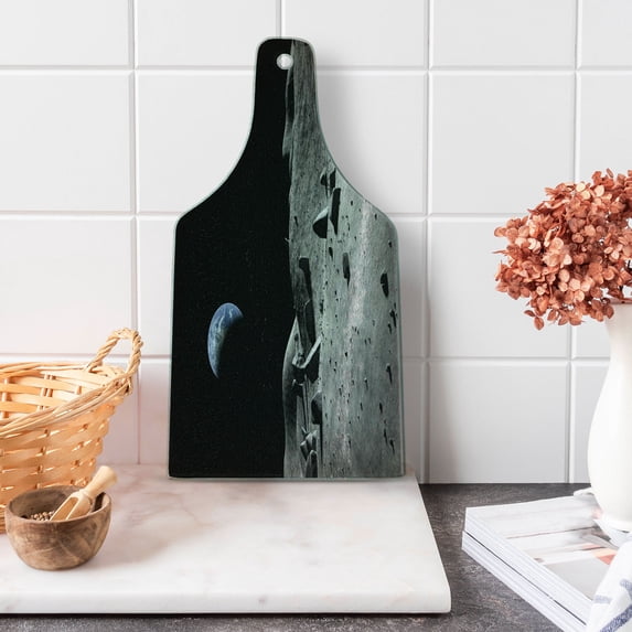 Moon Cutting Board, Earth Seen from the Moon Space Debris Vast Universe Day and Night Cycle Photography, Tempered Glass Cutting and Serving Board, Wine Bottle Shape, Black Grey, by Ambesonne