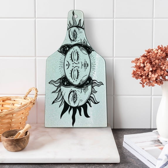 Moon Cutting Board, Monochrome Sun and Moon Pattern Oriental Image Culture Inspired Design Print, Decorative Tempered Glass Cutting and Serving Board, Wine Bottle Shape, Black White, by Ambesonne