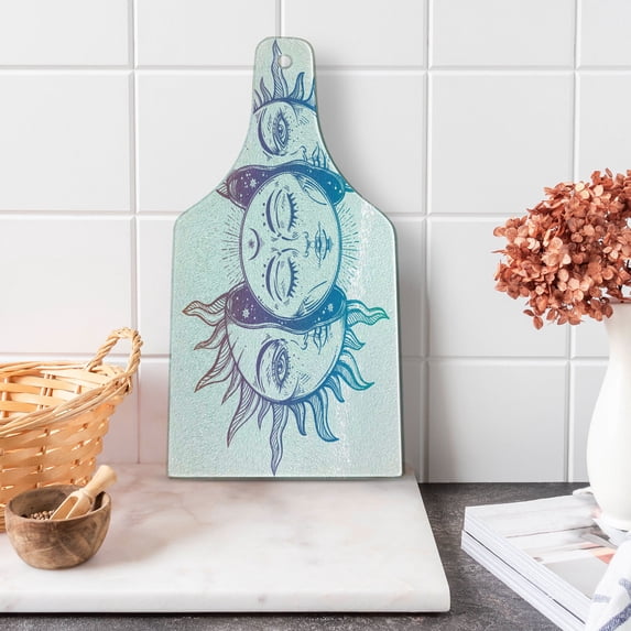 Moon Cutting Board, Psychedelic Representation Heavenly Bodies Faces Eastern Oriental Inspired Image, Tempered Glass Cutting and Serving Board, Wine Bottle Shape, Lilac Blue White, by Ambesonne