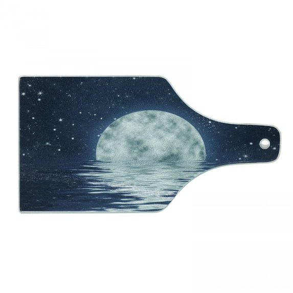 Moon Cutting Board, Moon Setting over the Sea with Waves Night Sky with Stars End of the Evening, Tempered Glass Cutting and Serving Board, Wine Bottle Shape, Night Blue White, by Ambesonne