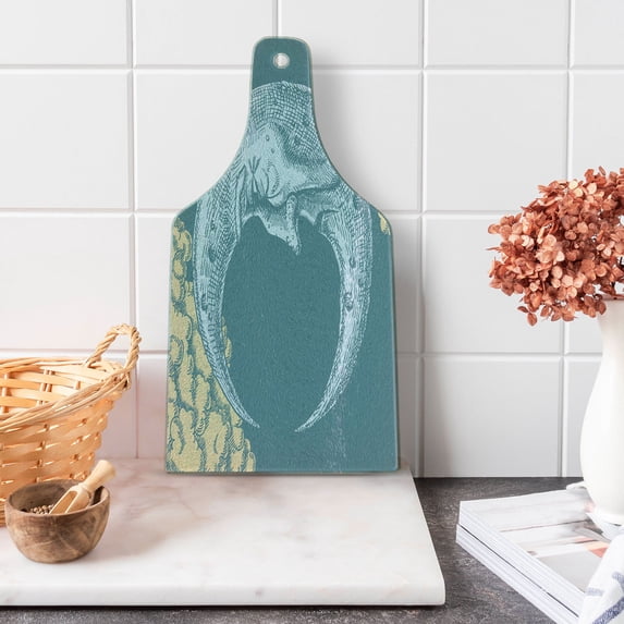 Moon Cutting Board, Vintage Crescent Moon with Grumpy Facial Expression Abstract Hand Drawn Style, Tempered Glass Cutting and Serving Board, Wine Bottle Shape, Slate Blue Mustard, by Ambesonne