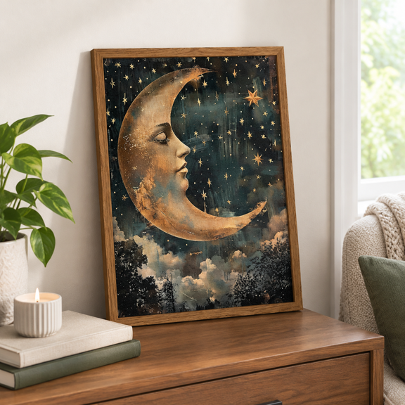 Moon D 16"L x 12"W Wood Framed Celestial Moon Stars Abstract Wall Art