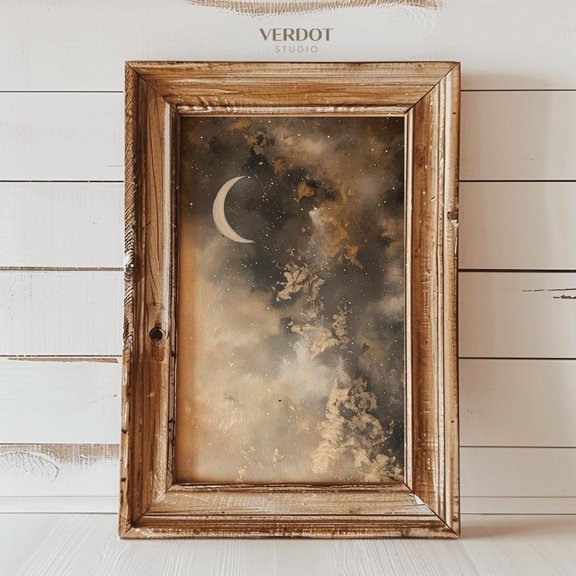 Moon Dark Gold Night Sky Fantasy Abstract Fall Celestial Wall Art Print, Versatile Modern Design Theme For Office And Gallery Wall Decor