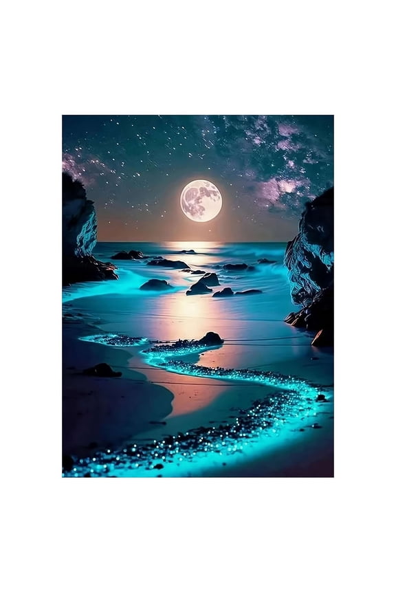 Moon Diamond Art Kits for Adults Beginners, DIY 5D Moonlight Beach Diamond Art Kits for Home Wall Decor 12 x 16 Inch