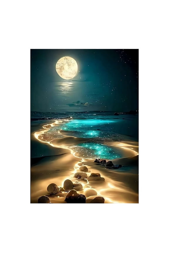 Moon Diamond Art Kits for Adults Beginners, DIY 5D Moonlight Beach Diamond Art Kits for Home Wall Decor 12 x 16 Inch
