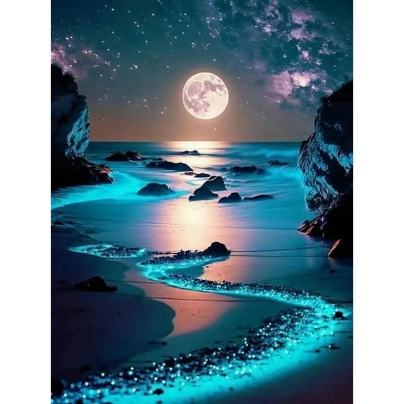 Moon Diamond Art Kits for Adults Beginners, DIY 5D Moonlight Beach Diamond Art Painting Kits for Home Wall Decor 12 x 16 Inch