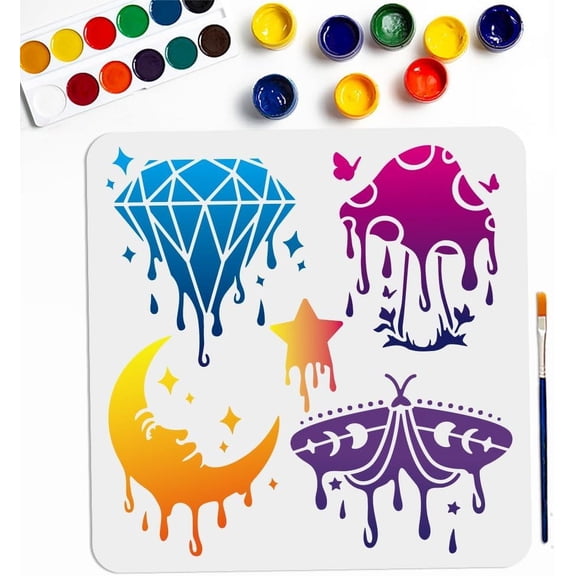 Moon Diamond Mushroom Stencil 11.811.8inch Dreamy Melting Moon Star Moth Stencil with Painting Brush Reusable Magic Theme Painting Stencils for Wood Canvas Paper Fabric Wall Multi-color