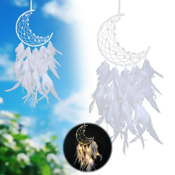 Moon Dream Catcher, Pink Handmade Moon Dream Catcher with Lights & Feathers, Dreamy Celestial Decorative Wall Hanging Ornament, Bedroom Dormitory Home Wall Decor Art Craft Gift