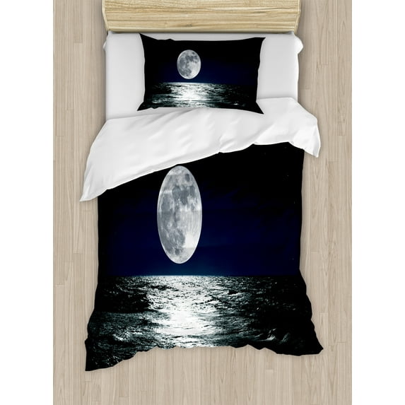 Moon Duvet Cover Set, Big Moon and Its Reflection on the Sea Open Sky Ethereal Drawing Style, Decorative 2 Piece Bedding Set with 1 Pillow Shams, Twin Size, Dark Blue Black White, by Ambesonne