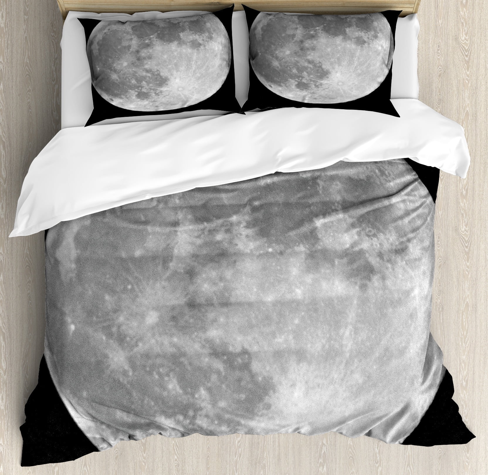 Moon Duvet Cover Set, Black and White Full Moon Detailed Photography of