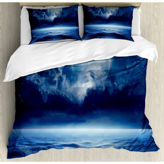 Moon Duvet Cover Set, Full Moon with Calm Sea and Clouds Nature Image Design Cold Winter Night Sky, Decorative 3 Piece Bedding Set with 2 Pillow Shams, Calking Size, Navy Blue White, by Ambesonne