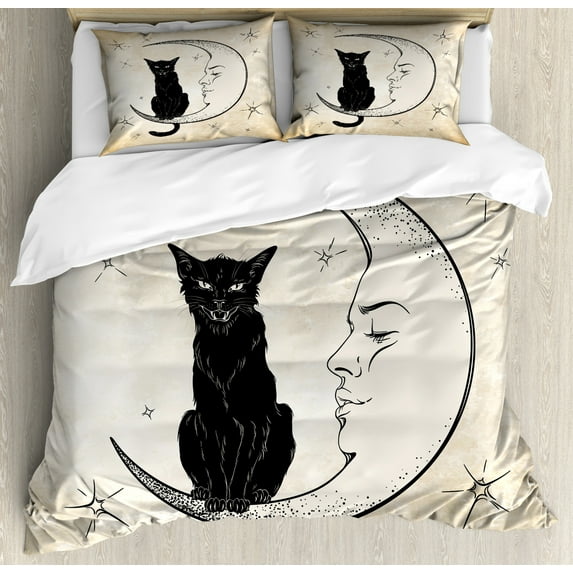 Moon Duvet Cover Set King Size, Black Cat Sitting on White Crescent Moon Contrasting Facial Expressions Feline, Decorative 3 Piece Bedding Set with 2 Pillow Shams, Sand Brown Black, by Ambesonne