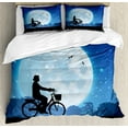 thumbnail image 1 of Moon Duvet Cover Set, Landscape Drawing Style with Silhouette of a Person Riding a Bicycle into Night, Decorative 3 Piece Bedding Set with 2 Pillow Shams, Queen Size, Blue Black White, by Ambesonne, 1 of 3