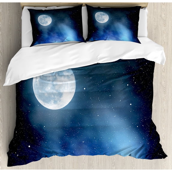 Moon Duvet Cover Set, Night Sky with Stars Full Moon Universe Space Heavenly Bodies Romantic Evening, Decorative 3 Piece Bedding Set with 2 Pillow Shams, King Size, Black Blue White, by Ambesonne