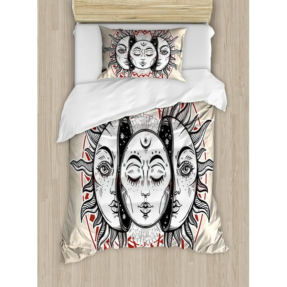 Moon Duvet Cover Set, Oriental Elements with Abstract Style Heavenly Bodies Tattoo Style, Decorative 2 Piece Bedding Set with 1 Pillow Shams, Twin Size, Tan Black Ruby, by Ambesonne