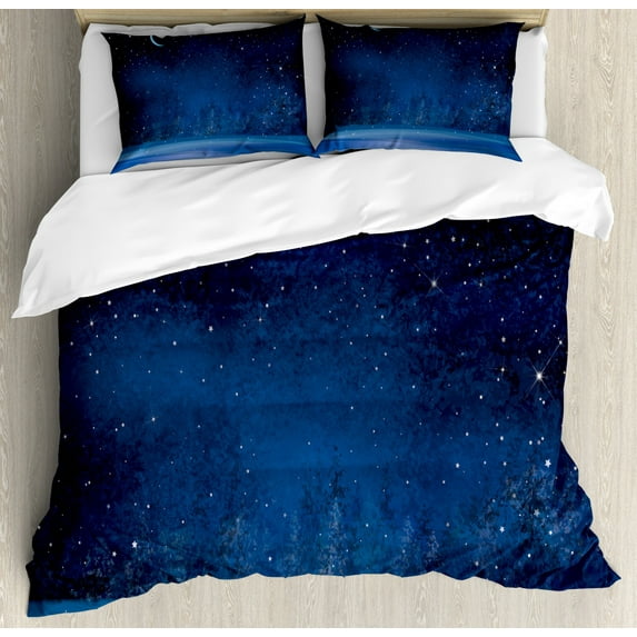 Moon Duvet Cover Set Queen Size, Mystical Winter Season Wonderland with Starry Sky Dark Night Magical Forest Landscape, Decorative 3 Piece Bedding Set with 2 Pillow Shams, Dark Blue, by Ambesonne