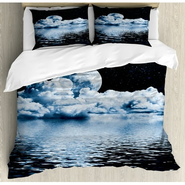 Moon Duvet Cover Set, Moon Setting over Clouds Water Reflections Stars Universemed Image Print, Decorative 3 Piece Bedding Set with 2 Pillow Shams, Calking Size, Black Blue White, by Ambesonne