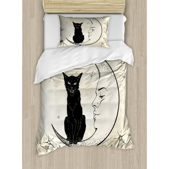 Moon Duvet Cover Set Twin Size, Black Cat Sitting on White Crescent Moon Contrasting Facial Expressions Feline, Decorative 2 Piece Bedding Set with 1 Pillow Sham, Sand Brown Black, by Ambesonne