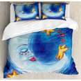 thumbnail image 1 of Moon Duvet Cover Set, Vibrant Happy Dancing Stars and Sleepy Celestial Body Facial Expressions, Decorative 3 Piece Bedding Set with 2 Pillow Shams, Calking Size, Royal Blue Vermilion, by Ambesonne, 1 of 3