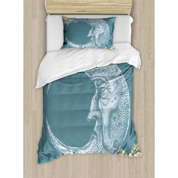 Moon Duvet Cover Set, Vintage Crescent Moon with Grumpy Facial Expression Abstract Hand Drawn Style, Decorative 2 Piece Bedding Set with 1 Pillow Shams, Twin Size, Slate Blue Mustard, by Ambesonne