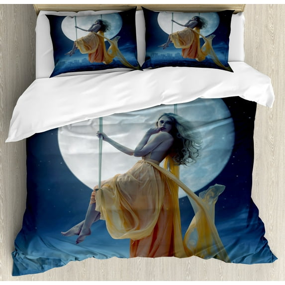 Moon Duvet Cover Set, Yellow Haired Woman on a Swing in the Sky the Moon and the Buildings Print, Decorative 3 Piece Bedding Set with 2 Pillow Shams, Calking Size, Dark Blue and Grey, by Ambesonne