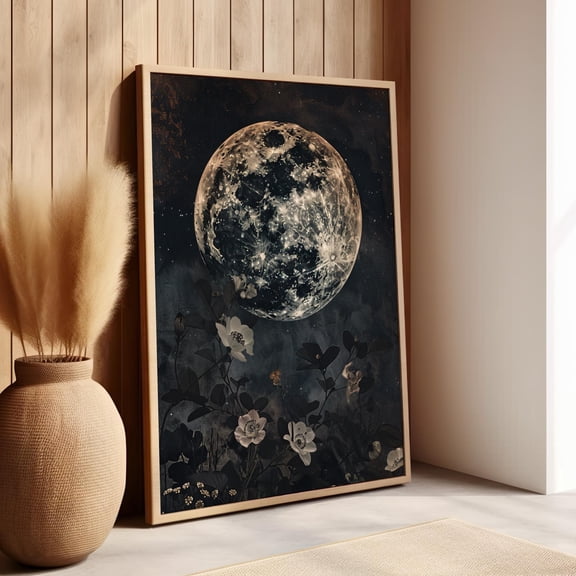 Moon Eclipse Botanical Poster Celestial Moon Floral Print Dark Cottagecore Decor Moody Floral Lunar Wall Decor