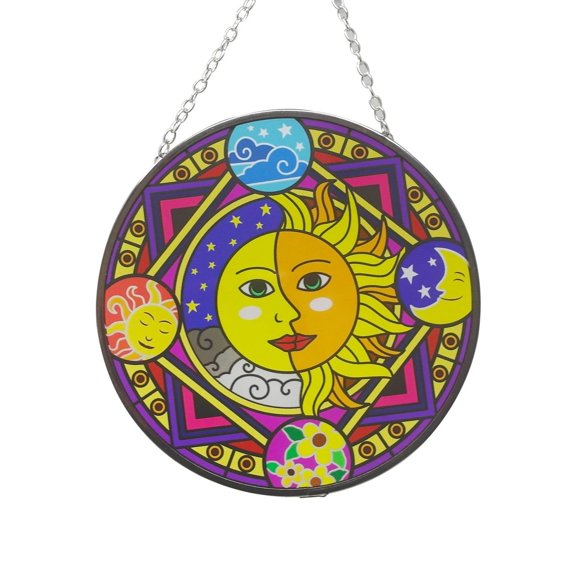 Moon Eclipse Stained Glass Window Hanging with Geometric Border Suncatcher