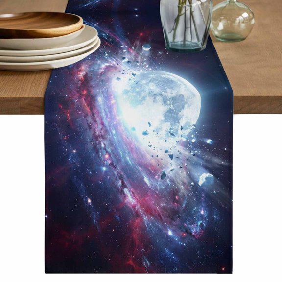 Moon Explosion Cotton Linen Table Runner for Dining Kitchen, Modern Abstract Art Galaxy Universe Wedding Outdoor Party Tablerunners Decoration, Dresser Scarf Coffee Tablecloth Runners 13x70 Inches
