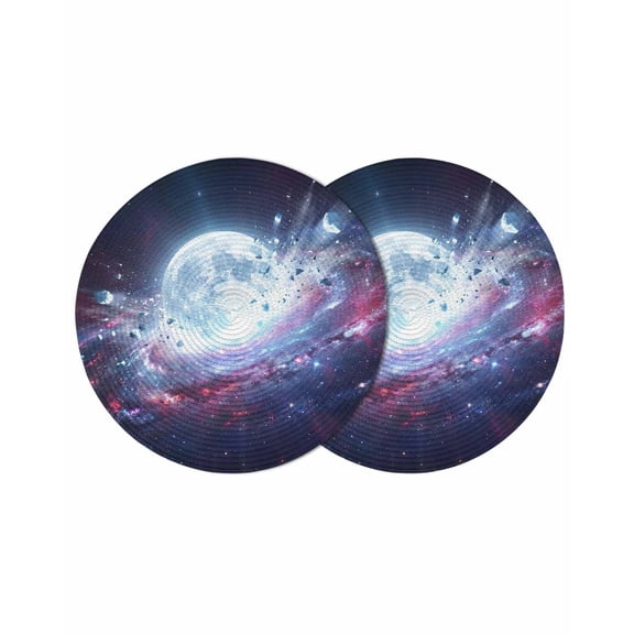 Moon Explosion Round 13 Inch Placemats Set of 2, Modern Abstract Art Galaxy Universe HeatResistant Non Slip Place Mats for Dining Table, Wipeable Braided Kitchen Table Mats for Housewarming