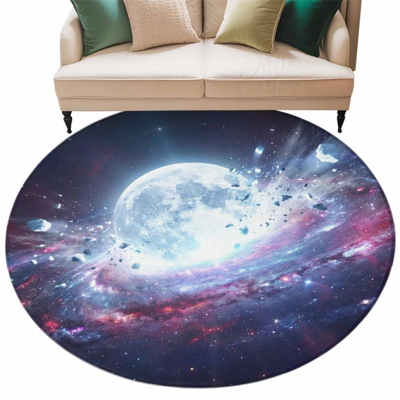 Moon Explosion Round Area Rugs Collection 8', Modern Abstract Art Galaxy Universe Non Slip Indoor Circular Throw Runner Rug Floor Mat Carpet for Living Room Dining Table Bedroom Nursery