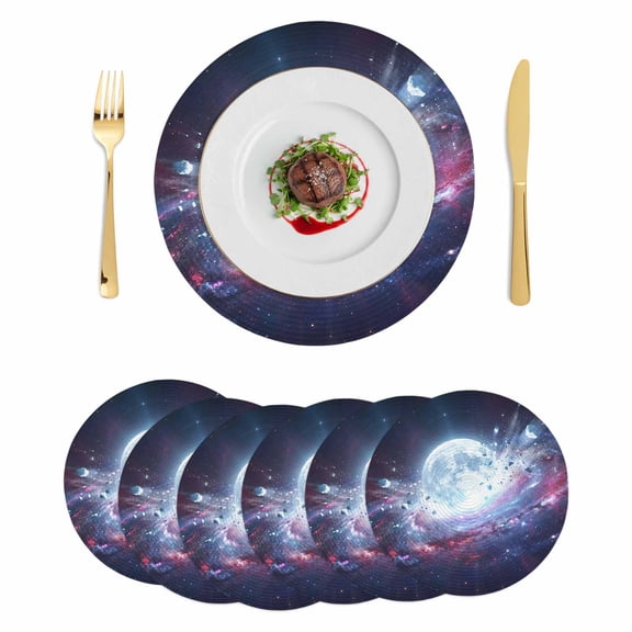 Moon Explosion Round Placemats Set of 6 Modern Abstract Art Galaxy Universe Place Mats Indoor Woven Table Mats Washable Heat-Resistance Braided Dining Table Placemats for Kitchen Party Decor 13 Inch