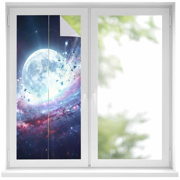Moon Explosion Window Privacy Film, Modern Abstract Art Galaxy Universe Static Cling UV Sun Blocking Heat Control Window Tint Day and Night, Non-Adhesive One Way Windows Privacy Cover 17.7''x39.3''