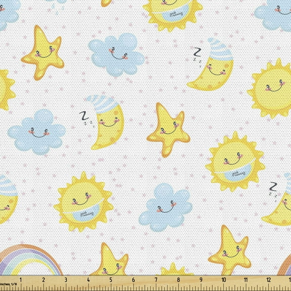 Ambesonne Moon Fabric by the Yard Upholstery, Happy Moons Stars Clouds, 1 Yard, Pale Blue Yellow Pink