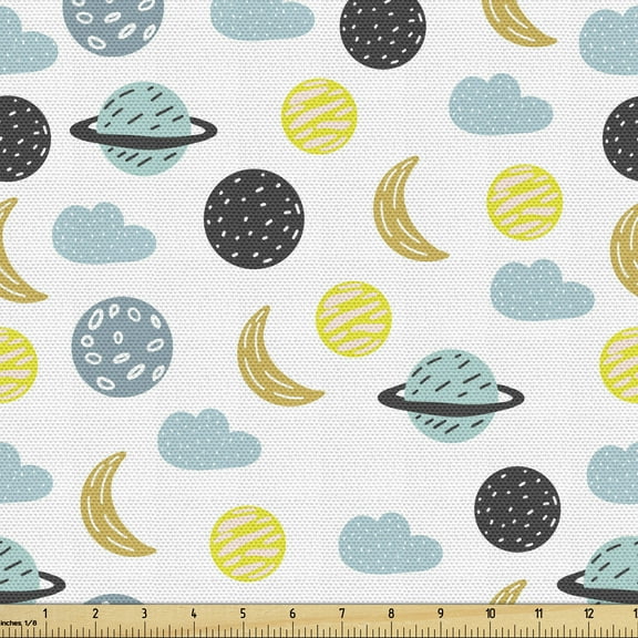 Ambesonne Moon Fabric by the Yard Upholstery, Crescent Planets and Clouds, 5 Yards, Multicolor