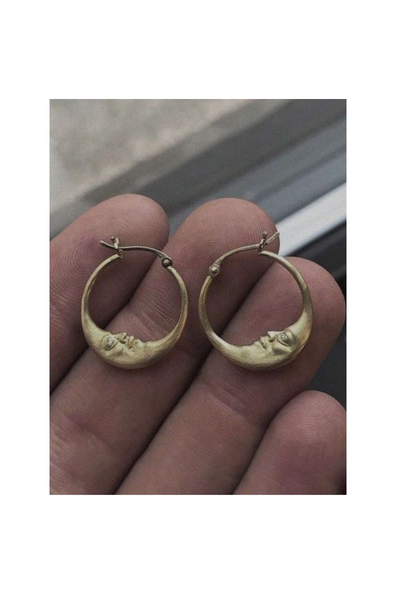 Moon Face Hoop Earrings With Cubic Zirconia Detail, One-Size Goldtone