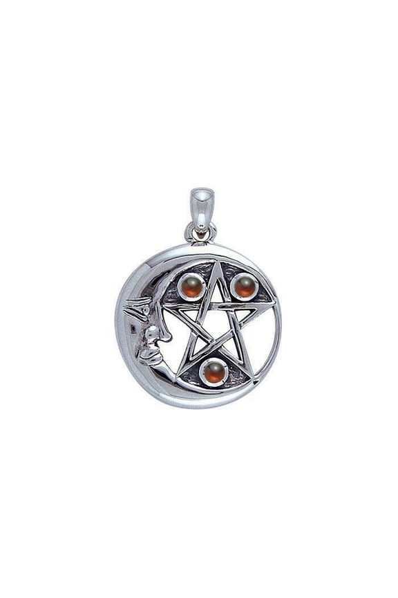 Moon Face Pentacle Pendant 925 Sterling Silver Jewelry Choice of Gemstone Wiccan