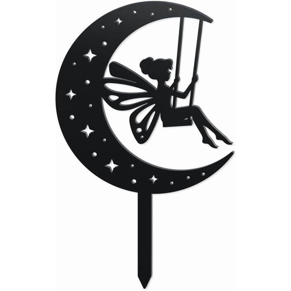 Moon Fairy Metal Decorative Garden Stakes Funny Moon Angel Swing Metal Silhouette Statues Fairy Garden Ornament Gifts Black Yard Art Decoration for DIY