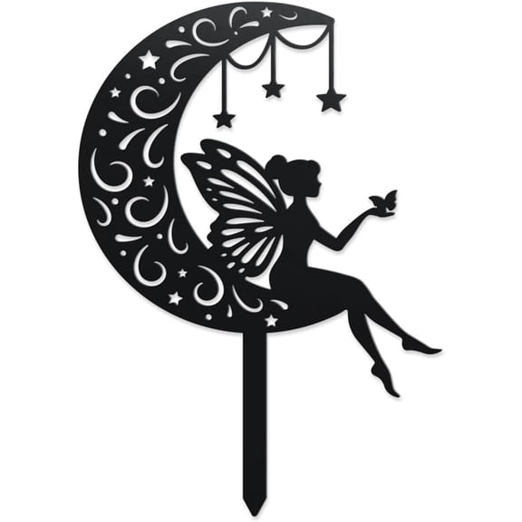 Moon Fairy Metal Decorative Garden Stakes Moon Elf Fairy Silhouette Metal Outdoor Statues Flower Angle Ornament Gifts Black Yard