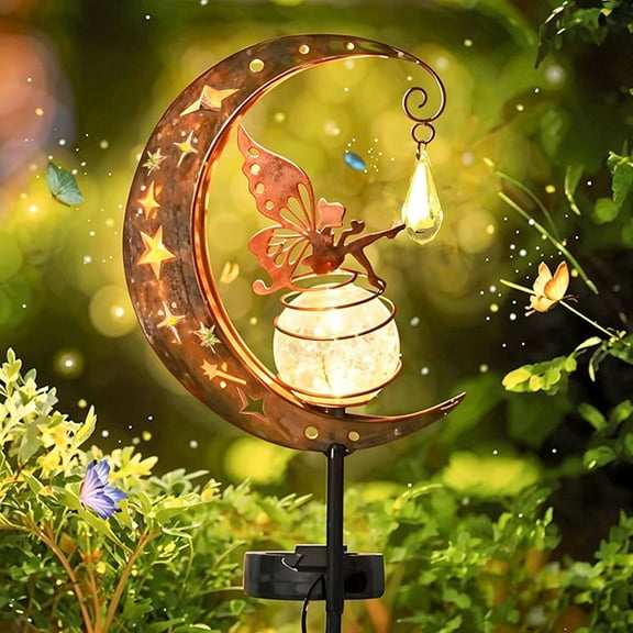 Moon Fairy Solar Light, Decorative Solar Stake Crackle Glass Globe with Moon Fairy Decor, Waterproof LED Yard Decorations  for Walkway, Yard, Lawn, Patio,Courtyard,Camping, Outdoor Activities