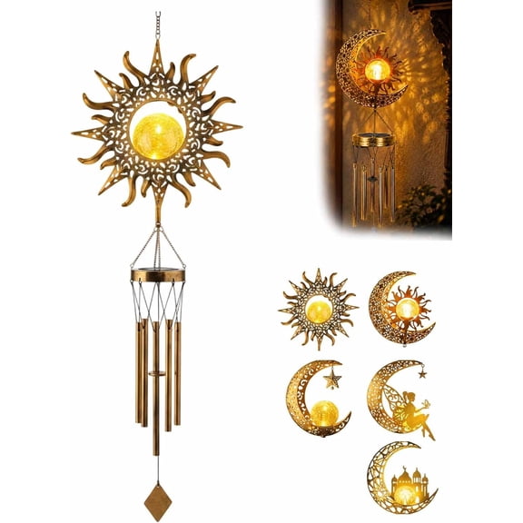 Moon Fairy Solar Wind Chimes Outdoor, Metal Sun Hanging Decor with Crackle Glass Ball, Warm LED Waterproof Light for Garden Patio Yard Gift