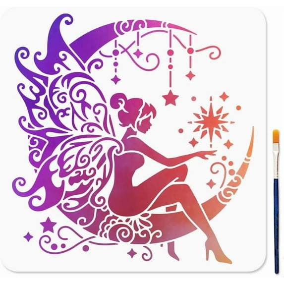 Moon Fairy Stencil Mandala Moon Stencils with Paint Brush 11.8×11.8inch Fantasy Starry Night Reusable Drawing Templates for Craft on Window Wood Wall Home Decoration Mixed Color
