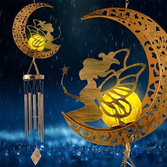 TiokMc Moon Fairy Solar Wind Chimes with Crackle Glass Ball, 42-Inch Outdoor Garden Decor, Memorial or Birthday Gift for Women