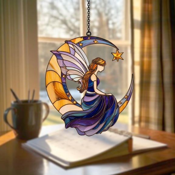 Moon Fairy With Lantern Acrylic Suncatcher, Acrylic Suncatcher Window Hanging, Celestial Fantasy Home Decor Gift For Her Or Dreamy Fairy Art