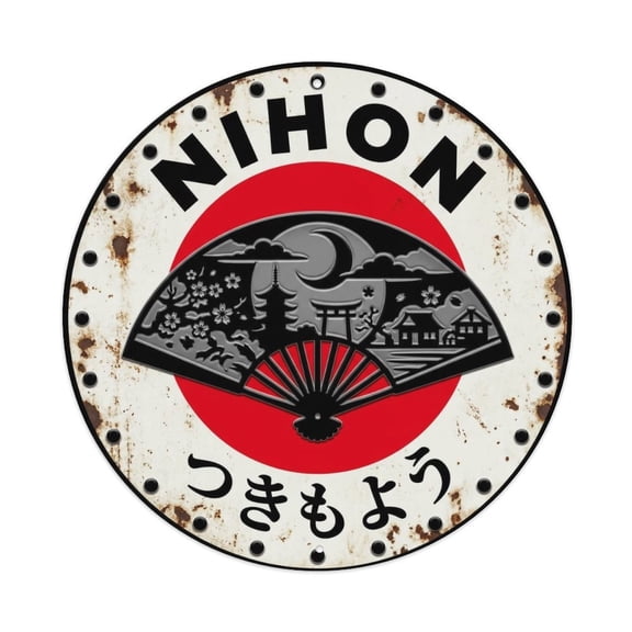 Moon Fan Nihon Lunar Symbol Rustic Vintage Metal Tin Sign Plaque Wall Decor for Cafe, Club, Garden Round Metal Poster 8x8Inch