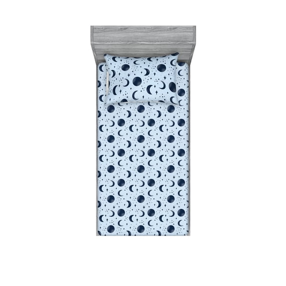 Moon Fitted Sheet & Pillow Sham Set, Grunge Night Time Stars with Full and Crescent Shape Lunar Phases Pattern, Decorative Printed 2 Piece Bedding Decor, Twin, Soft Blue Night Blue, by Ambesonne